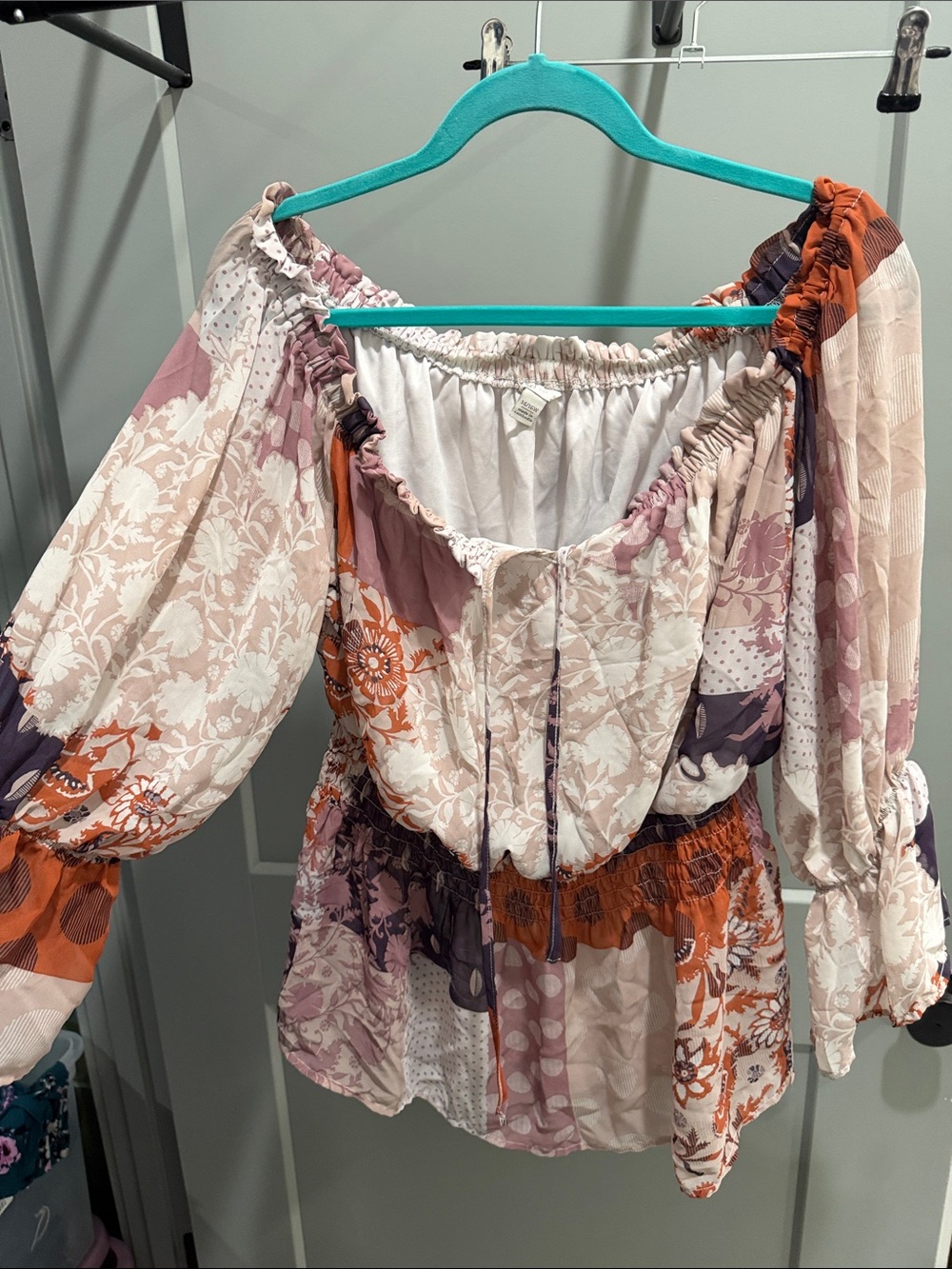 Cato Multi-Color Patchwork Off-Shoulder Blouse in Cream, Pink & Orange